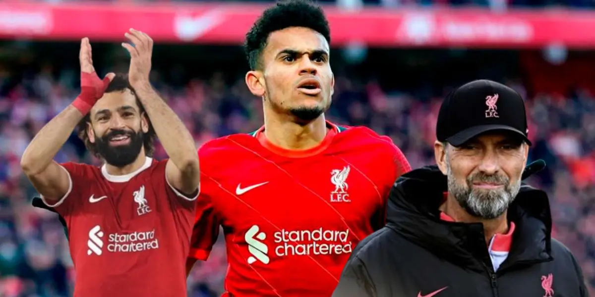 Luis Díaz, al lado Mohamed Salah y Jürgen Klopp. FOTO: El Universal