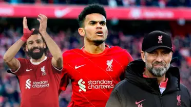 Luis Díaz, al lado Mohamed Salah y Jürgen Klopp. FOTO: El Universal