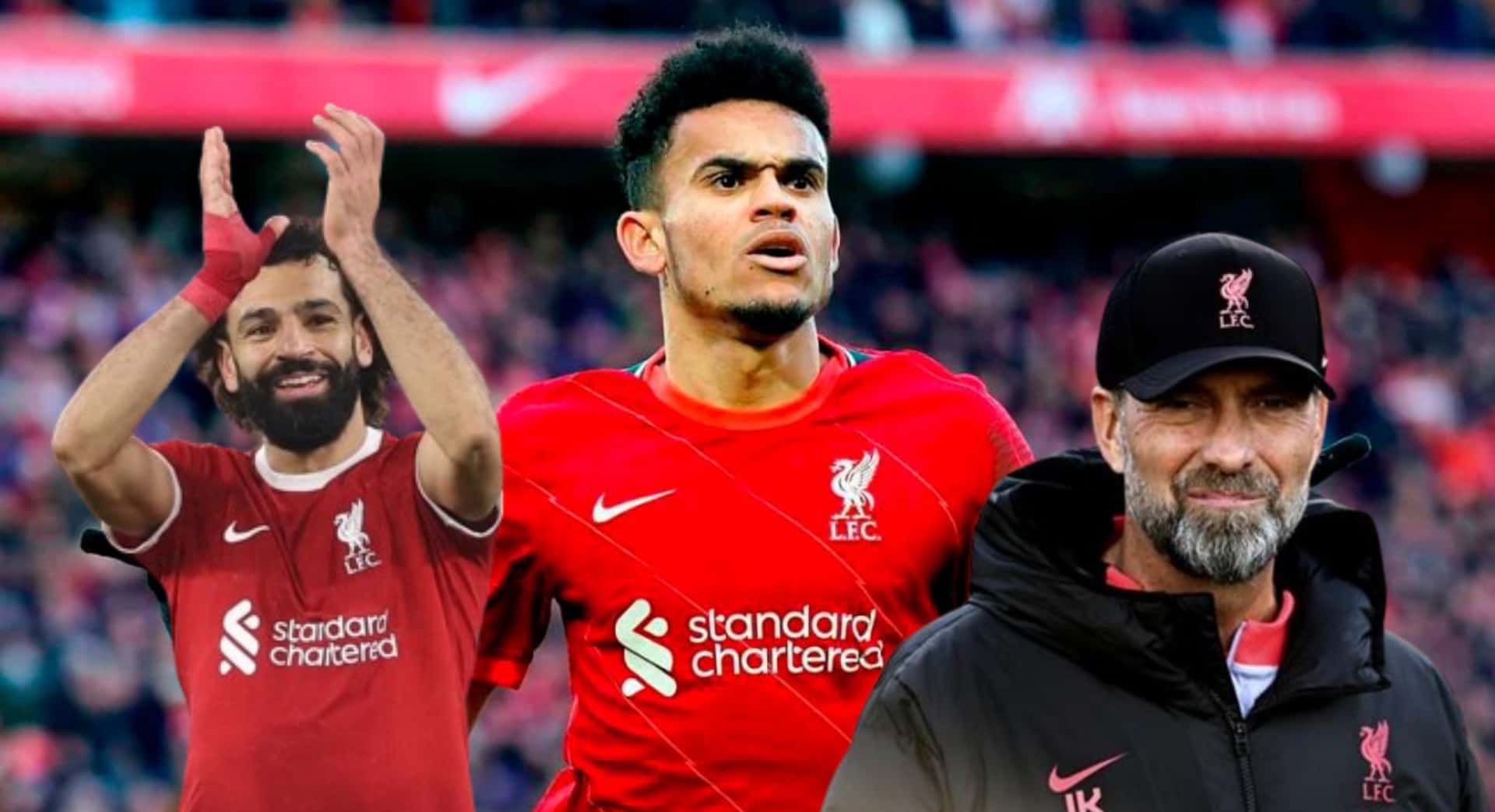 Luis Díaz, al lado Mohamed Salah y Jürgen Klopp. FOTO: El Universal