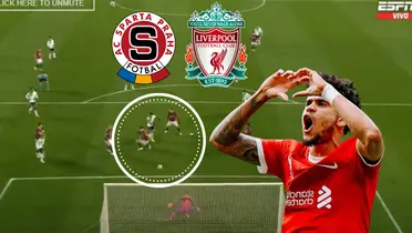Luis Díaz anotó en Europa League Foto tomada de ESPN captura de pantalla y Liverpool FC Web Site.