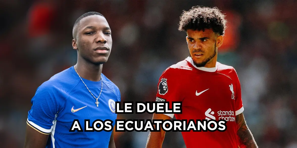 Luis Díaz arriba de Moisés Caicedo. Fotos de Liverpool Web Site y Chelsea Web Site.