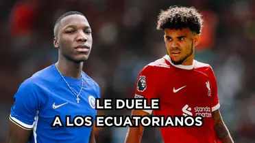 Luis Díaz arriba de Moisés Caicedo. Fotos de Liverpool Web Site y Chelsea Web Site.