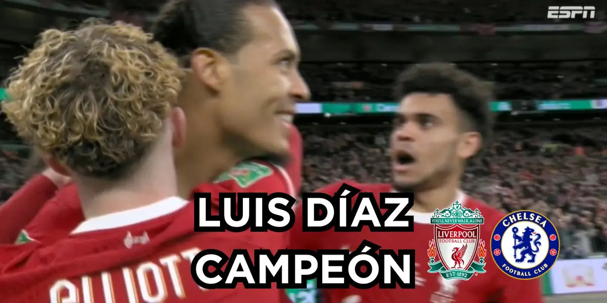 Luis Díaz campeón con el Liverpool. Foto tomada de captura de pantalla ESPN y logos Wikipedia.