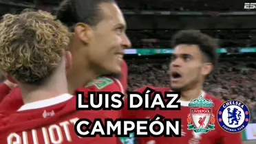 Luis Díaz campeón con el Liverpool. Foto tomada de captura de pantalla ESPN y logos Wikipedia.