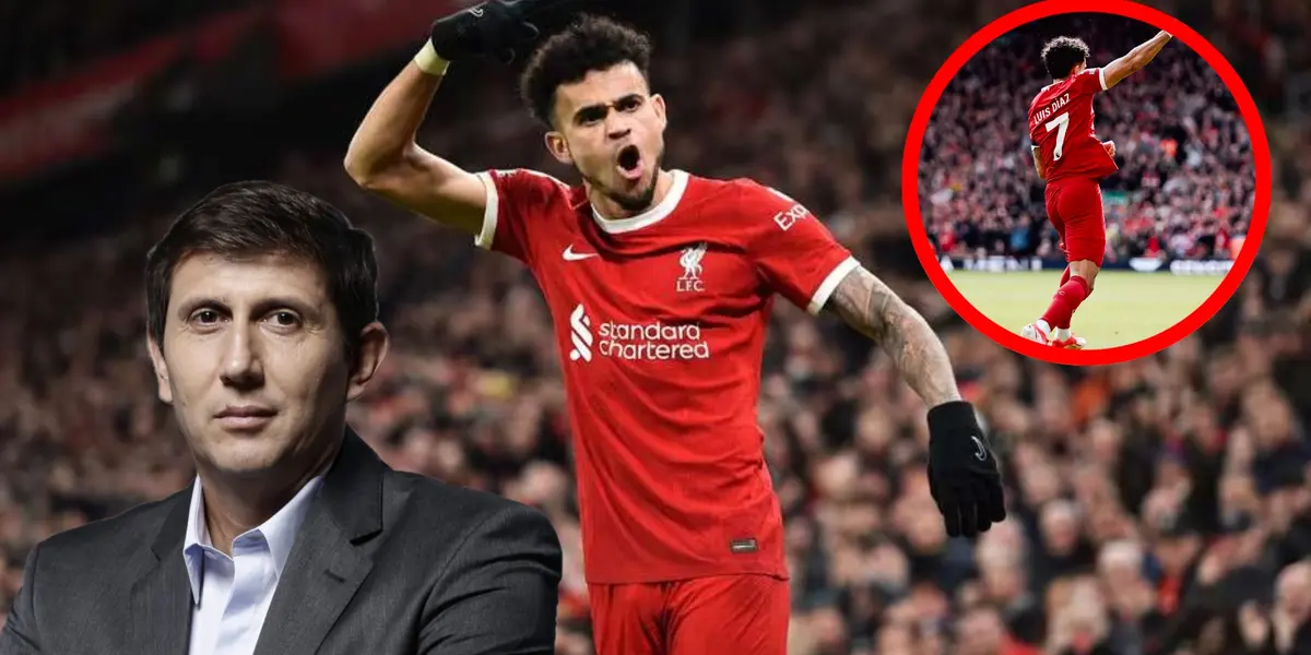 Luis Díaz celebrando con la camiseta de Liverpool