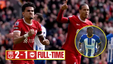 Luis Díaz celebrando su gol en Liverpool vs Brighton por Premier League 