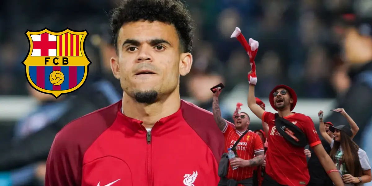 Luis Díaz con el buzo de Liverpool, al lado los fans del conjunto inglés. FOTO: Semana