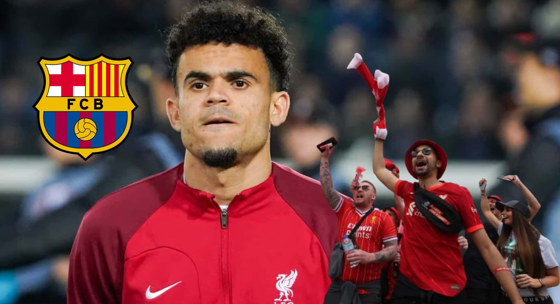 Luis Díaz con el buzo de Liverpool, al lado los fans del conjunto inglés. FOTO: Semana