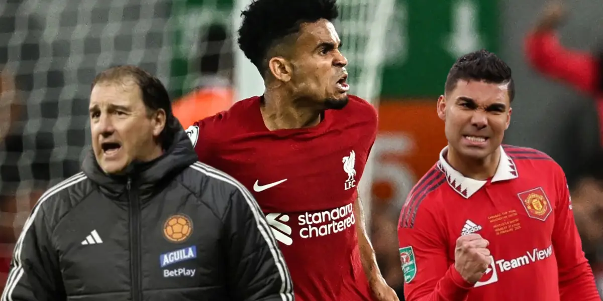 Luis Díaz con la camiseta de Liverpool, al lado Néstor Lorenzo y Casemiro. FOTO: Goal