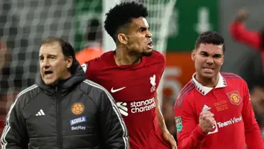 Luis Díaz con la camiseta de Liverpool, al lado Néstor Lorenzo y Casemiro. FOTO: Goal