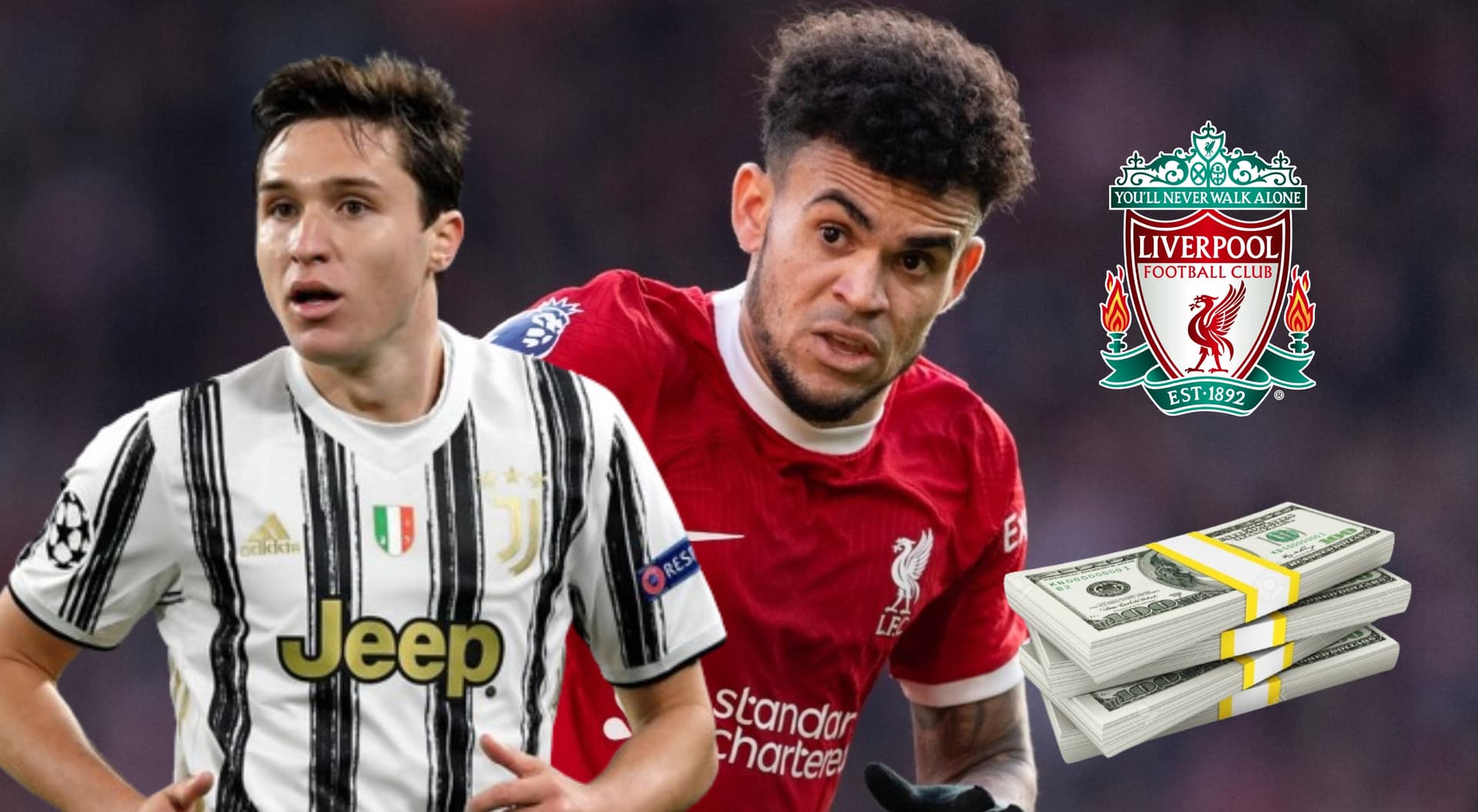 Luis Díaz con la camiseta del Liverpool, al lado Federico Chiesa con la de Juventus. FOTO: Noticias Caracol