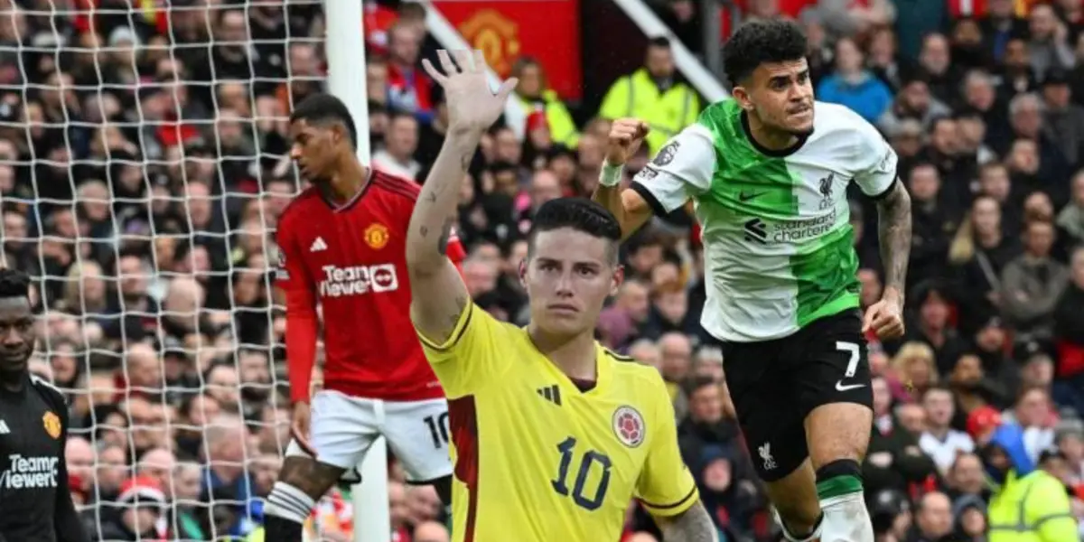 Luis Díaz con la camiseta del Liverpool, al lado James Rodríguez. FOTO: El Colombiano