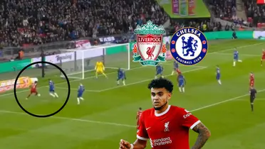 Luis Díaz marcado de manera intensa. Foto captura de pantalla ESPN, Díaz de Liverpool Web Site y logos Wikipedia.