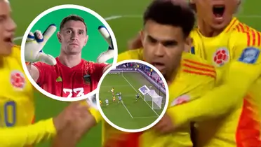 Luis Díaz marcó un golazo y la reacción del Dibu Martínez fue tan fría como inesperada.   Foto: FIFA y Captura de Gol Caracol