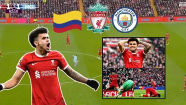 Luis Díaz sin definición contra el Manchester City. Foto captura de pantalla de ESPN y LFC Website.