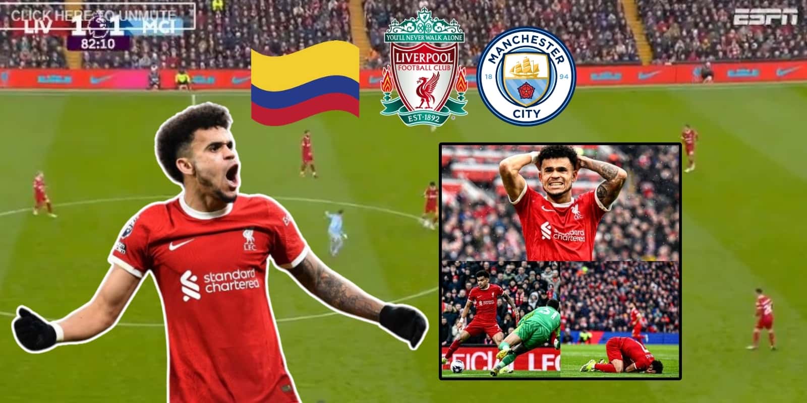 Luis Díaz sin definición contra el Manchester City. Foto captura de pantalla de ESPN y LFC Website.