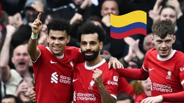     Luis Díaz y Mohamed Salah celebrando un gol. Foto tomada de Liverpool Echo. 