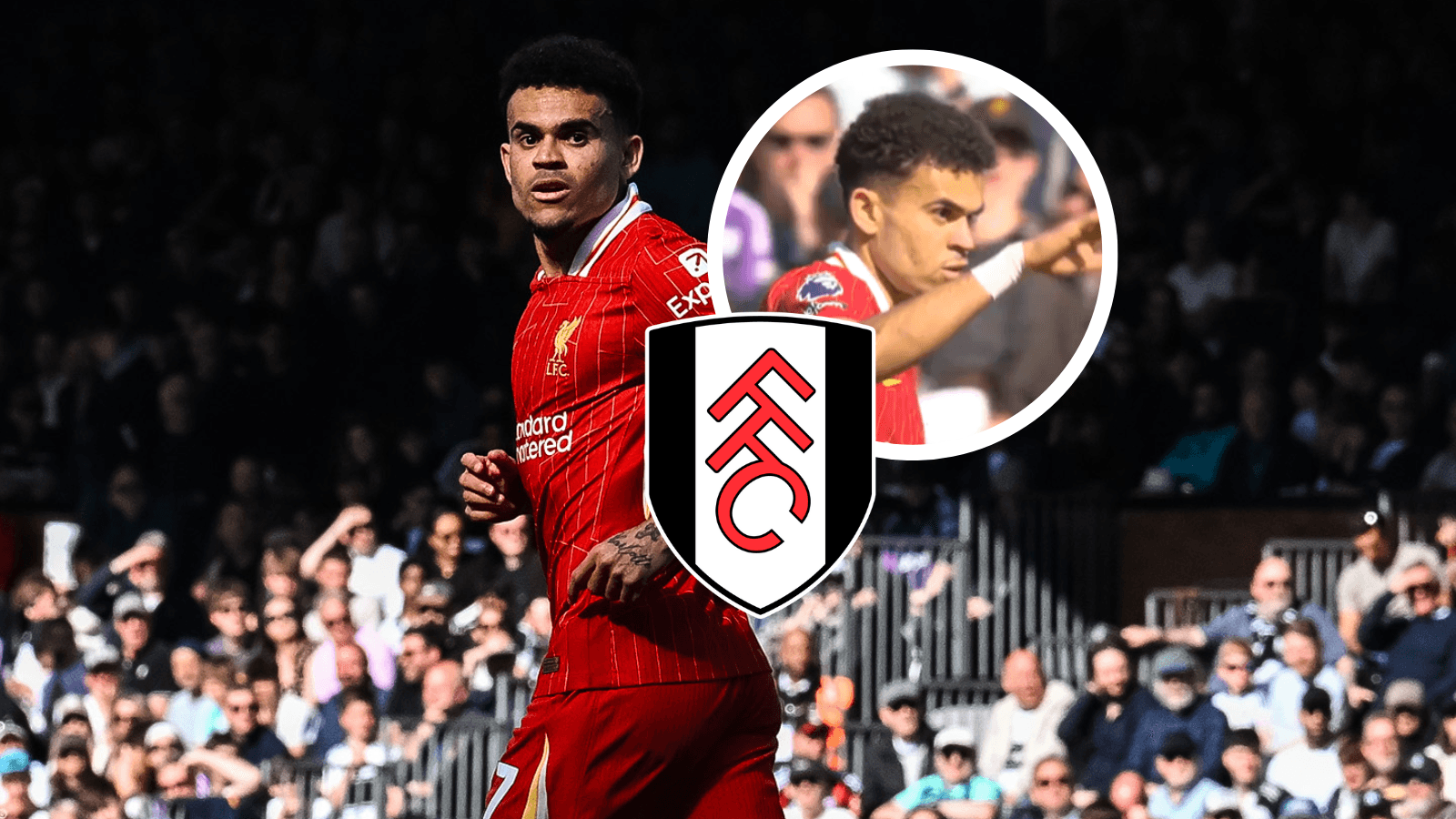 Luis Díaz y su gol para intentar salvar al Liverpool que cayo 3-2 ante Fulham Foto: LFC, Captura de MAX y Escudoteca