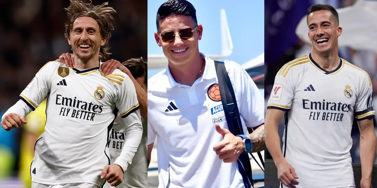 Luka Modrić y Lucas Vásquez con gestos con James Rodríguez.