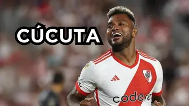 Miguel Ángel Borja celebrando un gol con River Plate. Foto tomada de Fútbol Red.