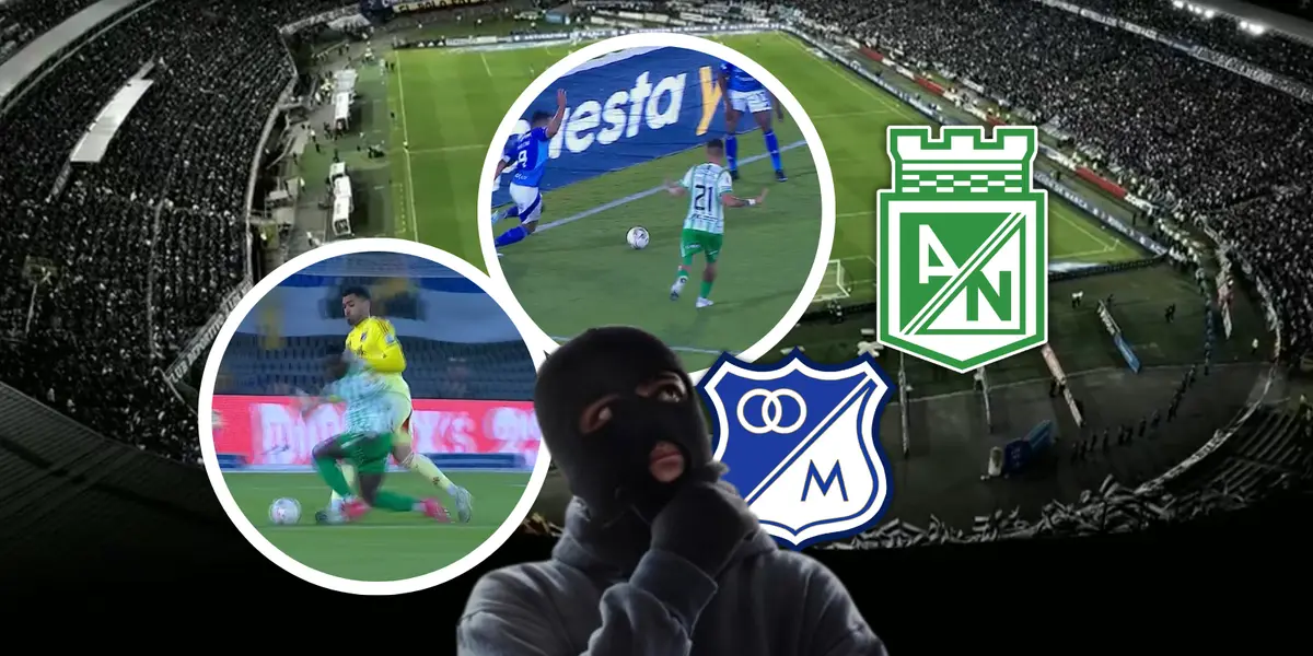 Millonarios y Nacional reclamaron por dos acciones polémicas que Matorel no sancionó como penal en El Campín. Foto: Escudoteca y Captura de Win Sports