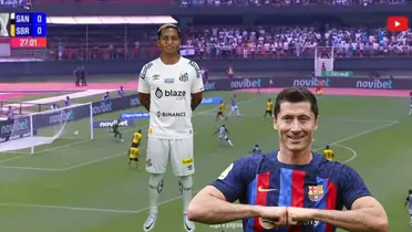 Morelos anotó un gol en Brasil. Captura de pantalla vía Twitter @SoyVictorRomero, foto de Morelos de Santos FC, Lewandowski de EuroSport.