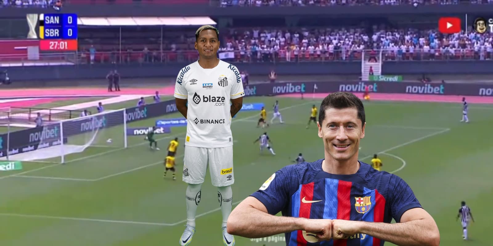 Morelos anotó un gol en Brasil. Captura de pantalla vía Twitter @SoyVictorRomero, foto de Morelos de Santos FC, Lewandowski de EuroSport.