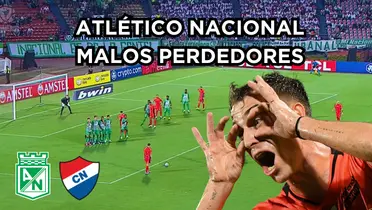 Nacional fue mal perdedor en Medellín. Foto de CONMEBOL, captura de pantalla de ESPN, logo de Wikipedia.