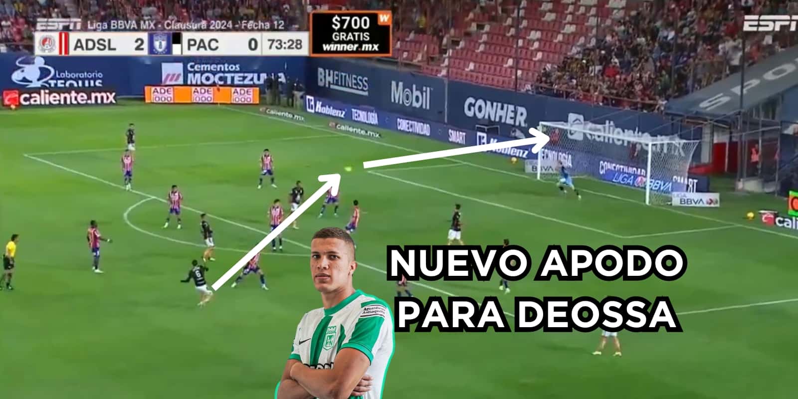Nelson Deossa brilla en México. Foto tomada de una captura de pantalla de la Liga BBVA MX en Twitter y Nacional en Twitter.