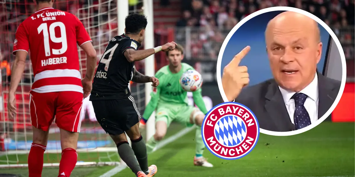 Ojo al comentario de Carlos Antonio Vélez sobre el partidazo de Luis Díaz Foto: FC Bayern, Escudoteca y Captura de Win Sports