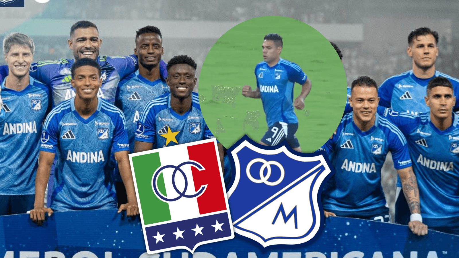 Once Caldas vs Millonarios Foto: Captura de D Sports, Escudoteca y Millonarios FC
