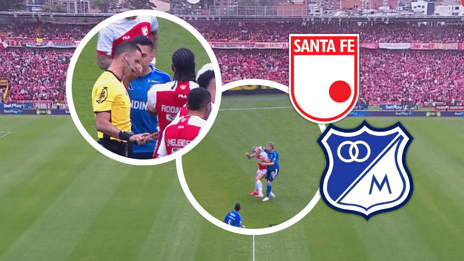 Ortega perdona roja a Millonarios y desata furia: ¿otra ayuda arbitral en la Liga BetPlay? Foto: Escudoteca y Captura de Win Sports