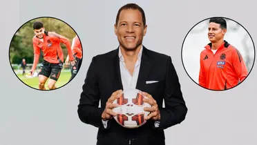 Óscar Córdoba con un balón de fútbol, James y Díaz entrenando. Foto de Córdoba tomada de Planeta de Libros, Díaz y James de FCF.