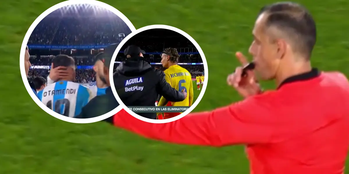 Otamendi y Ríos no se guardaron nada al final del partido; la tensión fue total. Foto: Captura de Gol Caracol y Telefe