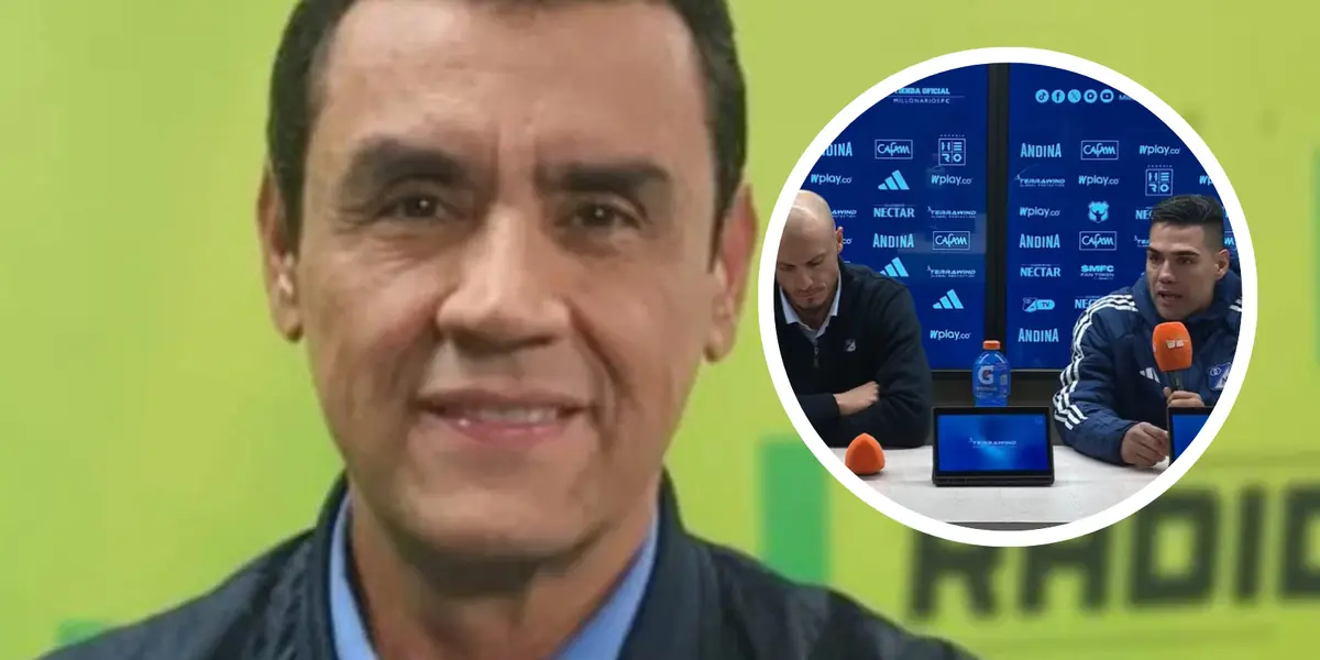 Pacho Vélez, con un gesto reflexivo, analiza las palabras de Falcao sobre el arbitraje. Foto: Captura de ESPN y Dimayor