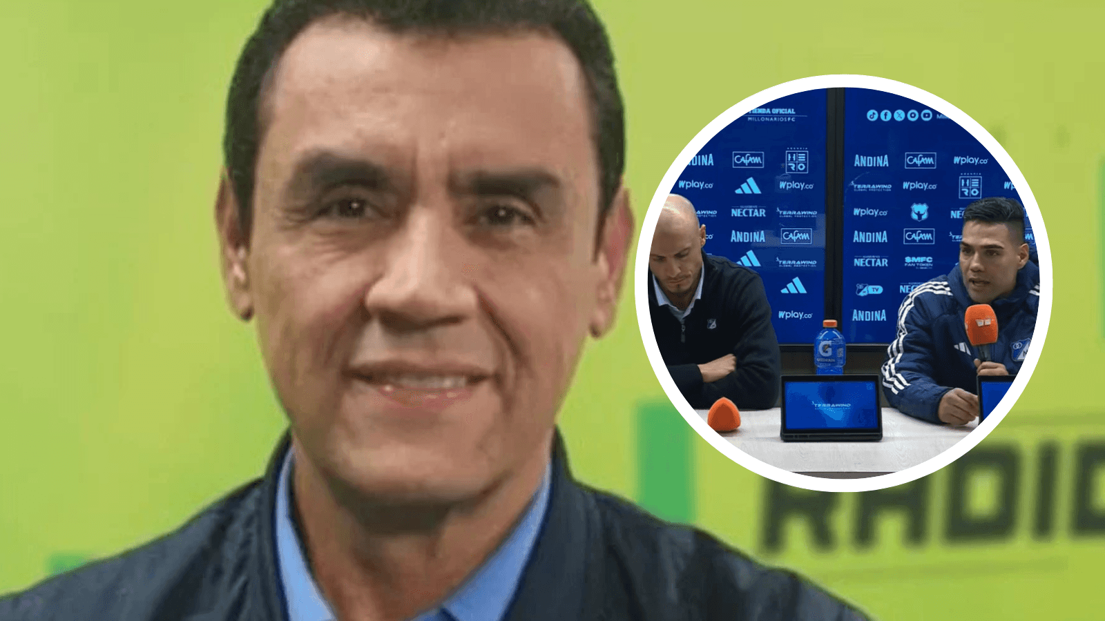 Pacho Vélez, con un gesto reflexivo, analiza las palabras de Falcao sobre el arbitraje. Foto: Captura de ESPN y Dimayor