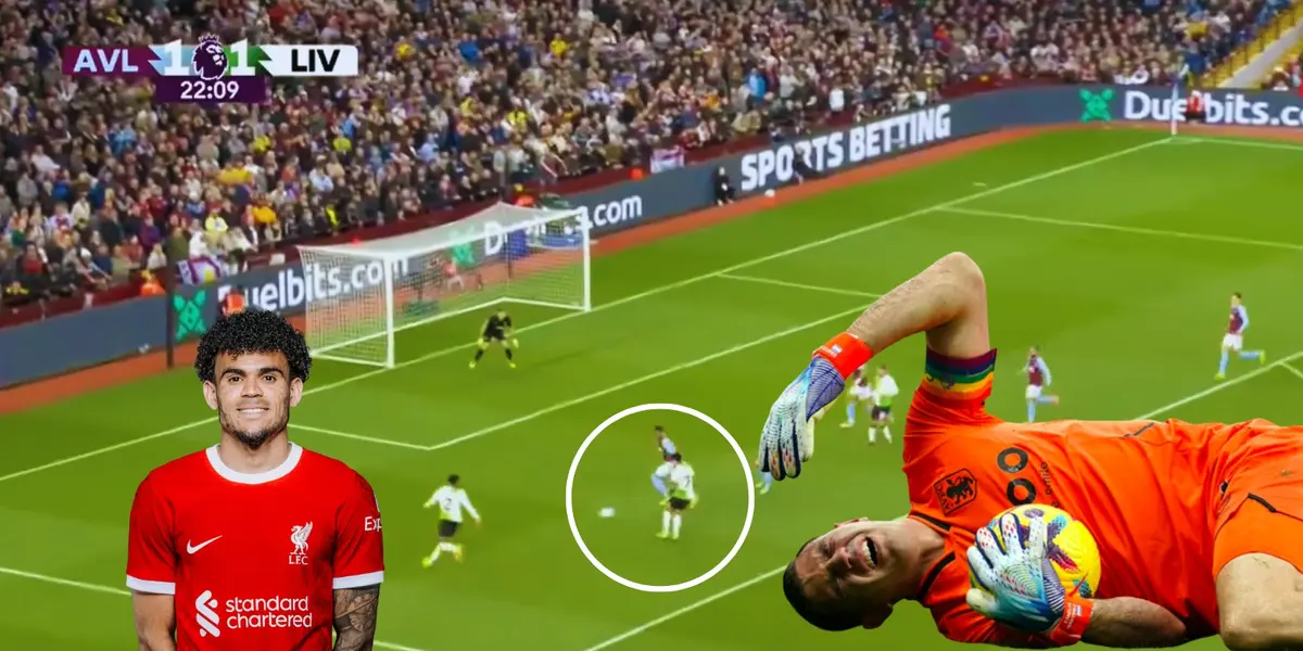 Partido del Liverpool contra el Aston Villa y Dibu Martínez tirado en el césped