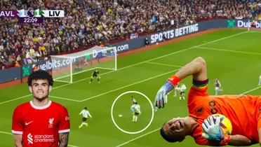 Partido del Liverpool contra el Aston Villa y Dibu Martínez tirado en el césped