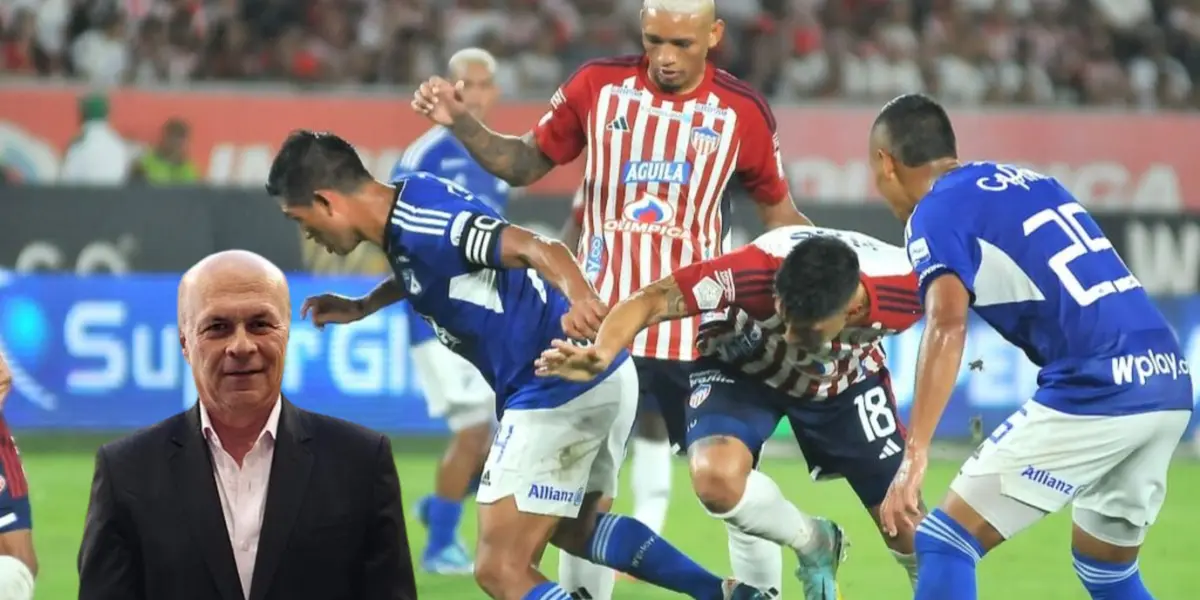 Postal del último enfrentamiento entre Junior y Millonarios, jugadores de ambos equipos disputando el balón, al lado Carlos Antonio Vélez. FOTO: Claro Sports 
