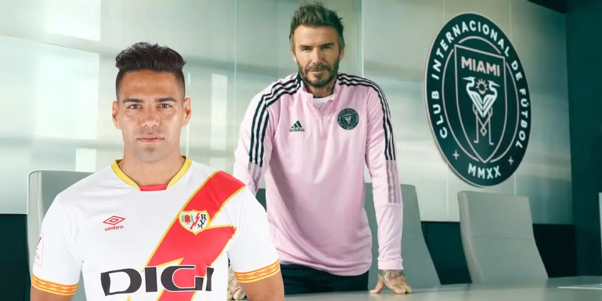 Radamel Falcao con la camiseta del Rayo Vallecano y David Beckham el Presidente del Inter de Miami