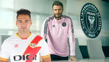 Radamel Falcao con la camiseta del Rayo Vallecano y David Beckham el Presidente del Inter de Miami