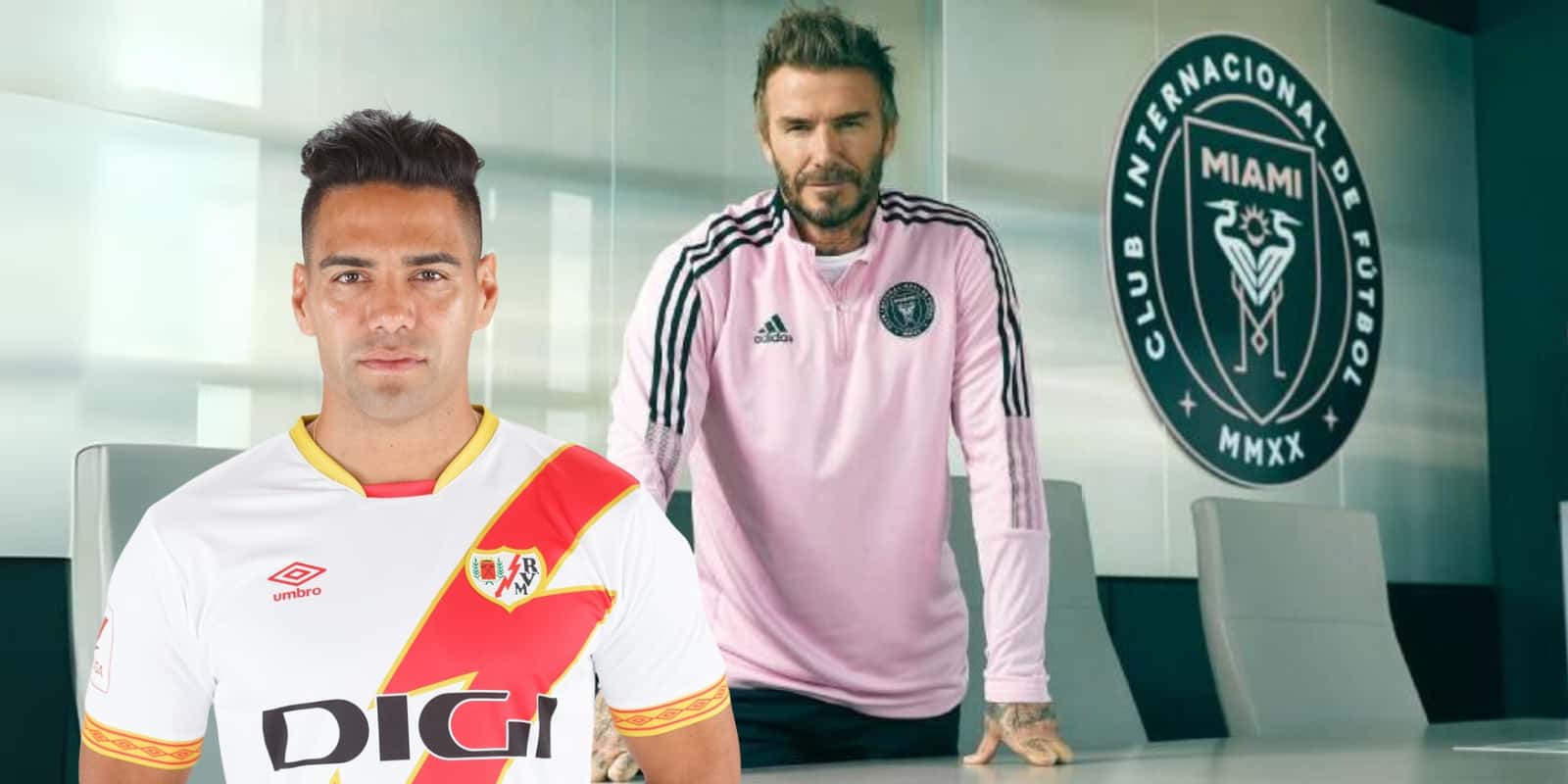 Radamel Falcao con la camiseta del Rayo Vallecano y David Beckham el Presidente del Inter de Miami