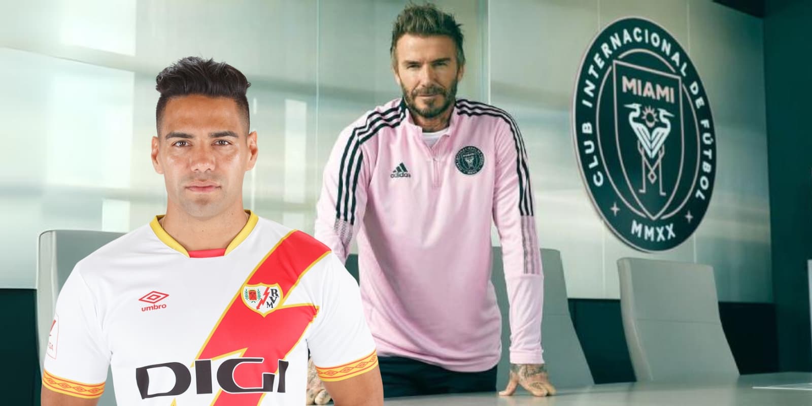 Radamel Falcao con la camiseta del Rayo Vallecano y David Beckham el Presidente del Inter de Miami