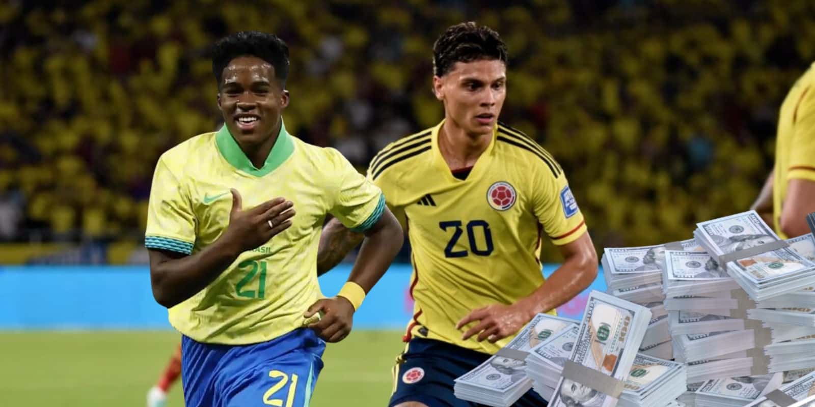 Richard Ríos de Colombia y Endrick de Colombia. Foto tomada de Gol Caracol y El Correo.