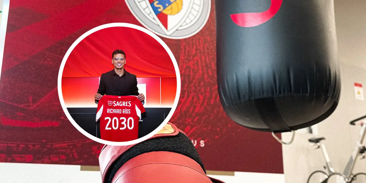 Richard Ríos y la bienvenida que Nicolás Otamendi le dio en Benfica Foto: SL Benfica