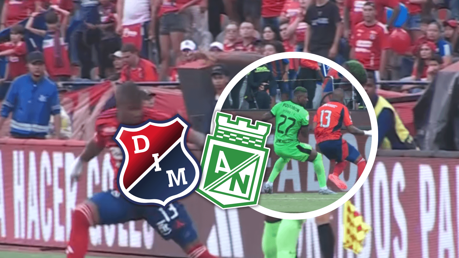 Una jugada polémica revisada por el VAR dejó a Medellín con un hombre menos en el clásico paisa Foto: Escudoteca y Captura de Win Sports