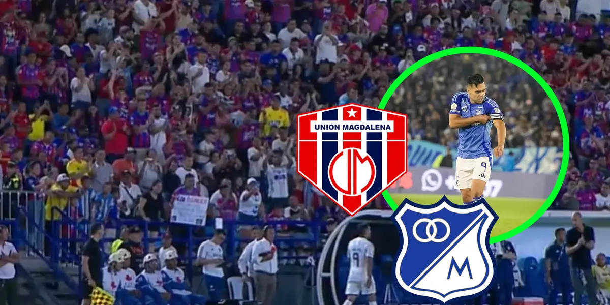 Unión Magdalena vs Millonarios Foto: Captura de Win Sports, Falcao y Escudoteca