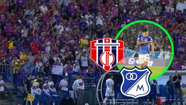 Unión Magdalena vs Millonarios Foto: Captura de Win Sports, Falcao y Escudoteca