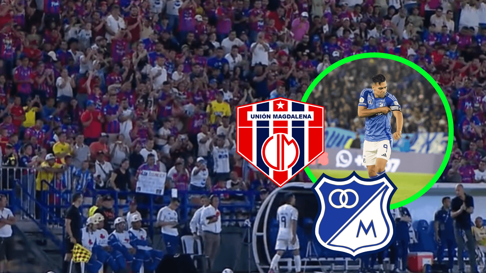 Unión Magdalena vs Millonarios Foto: Captura de Win Sports, Falcao y Escudoteca