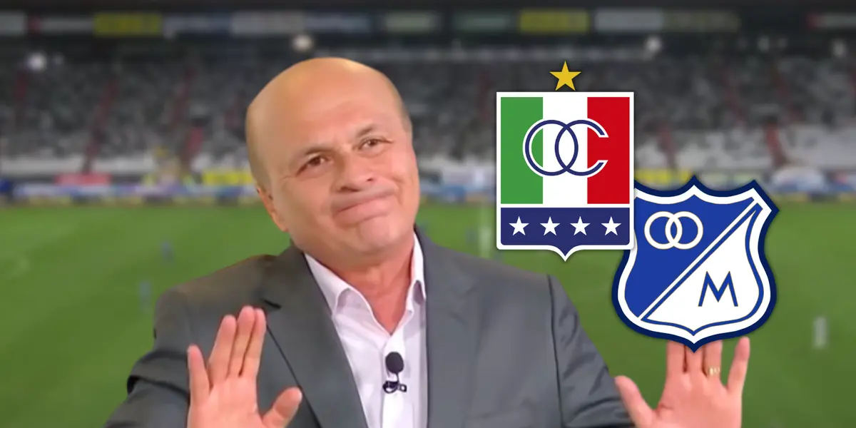 Vélez lanzó un comentario sarcástico que se volvió viral tras el Once Caldas vs Millonarios. Foto: Escudoteca y Captura de Win Sports